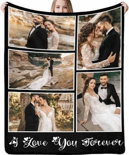 Vista 13 de Manta de fotos personalizada, manta de pareja de boda, con texto en inglés «He Asked And She Said Yes», 4 fotos, manta de boda, regalo romántico