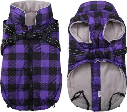 Vista 11 de Chaqueta de invierno para perro, abrigo impermeable para perro con arnés integrado, chaleco para cachorros, ropa para mascotas pequeñas con forro