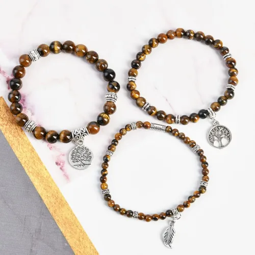 Vista 3 de YGLINE Pulseras de piedra curativa de yoga del árbol de la vida, juego de pulseras de reiki de piedra de chakra de loto multicapa, piedra natural