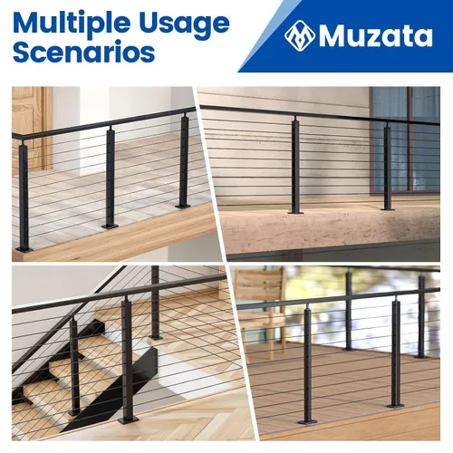 Vista 6 de Muzata Paquete de 4 postes de barandilla de cable negro de 36 pulgadas, 36 x 2 x 2 pulgadas, montaje en superficie perforada de nivel T304, kit