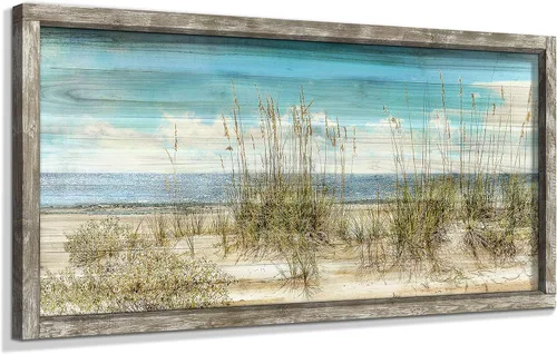 Vista 8 de Pintura enmarcada de playa para decoración de pared: arte abstracto de la pared del océano, pintura al óleo costera, gaviotas, imagen impresa