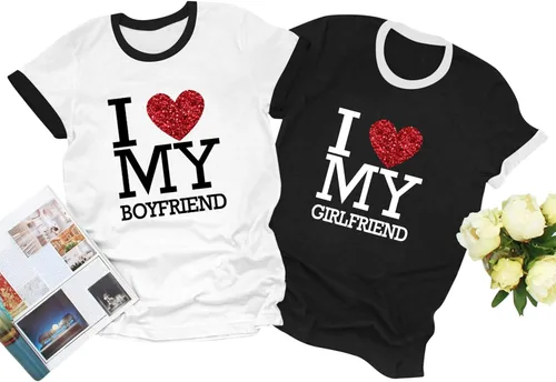 Vista 2 de TSIPR Camiseta I Love My Girlfriend GF con texto en inglés "I Love My Boyfriend BF con purpurina y corazón a juego para parejas, regalos del día