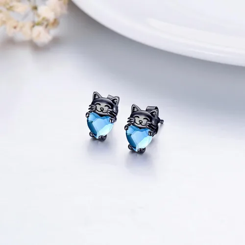 Vista 6 de Aretes de plata de ley 925 con diseño de gato, bonitos aretes de gato con diseño de gatito, joyería de regalo para mujeres y niñas, aretes