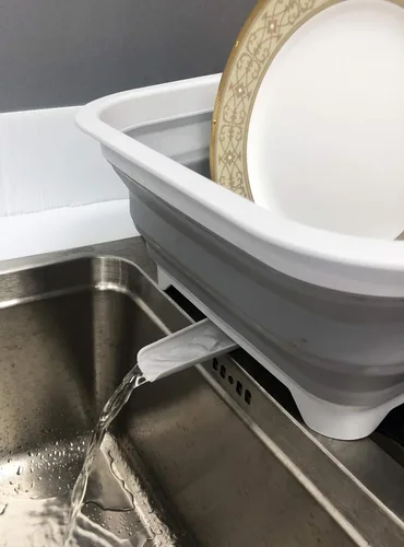 Vista 7 de SAMMART Escurridor de platos plegable de 3.17 galones con boquilla giratoria, organizador de vajilla portátil, bandeja de almacenamiento de cocina