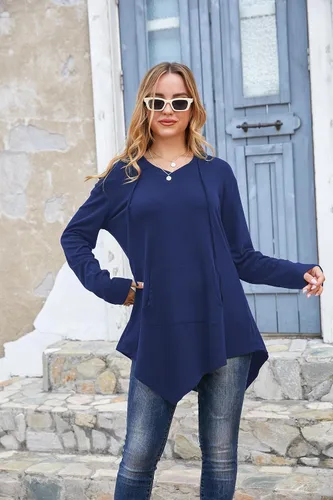 Vista 2 de Tencole Camiseta asimétrica con capucha para mujer, manga larga, túnica casual con bolsillo