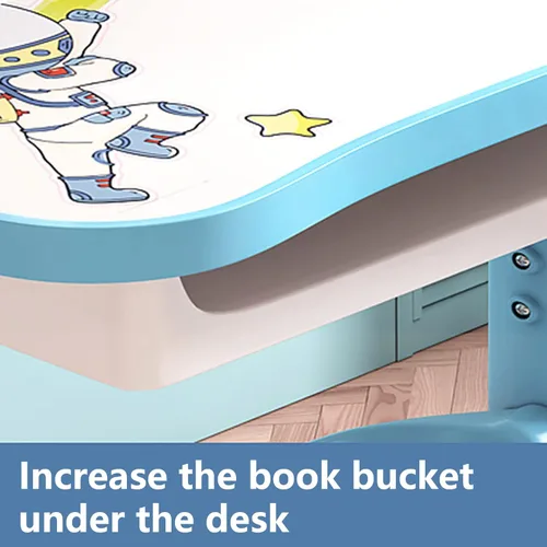 Vista 5 de Juego de Escritorio y Silla para Niños, Escritorio para Niños de Altura Ajustable con Cajones de Almacenamiento y Estantería, Escritorios Azul