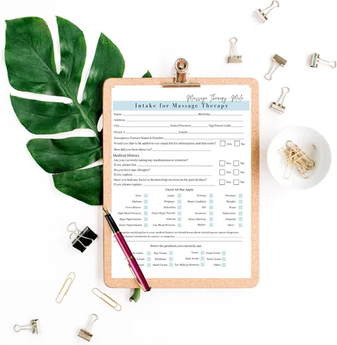 Vista 7 de Formularios de ingesta de cliente de terapeuta de masaje, consentimiento, notas de jabón Formularios para tratamiento y técnica de historial