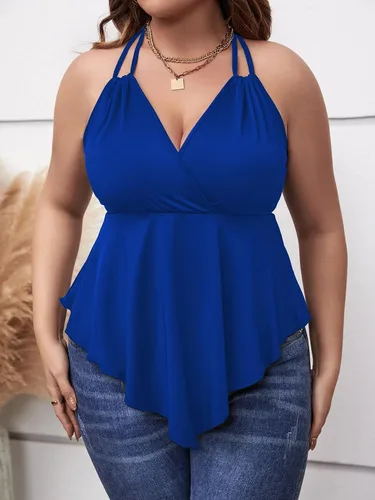 Vista 4 de SHENHE Camiseta sin mangas con cuello en V para mujer, talla grande, sin espalda, dobladillo asimétrico, halter