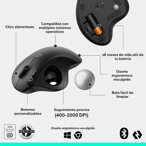 Vista 6 de Logitech Ergo M575S Ratón inalámbrico de Trackball, mouse ergonómico inalámbrico con Bluetooth y dongle cifrado, cómodo control de pulgar