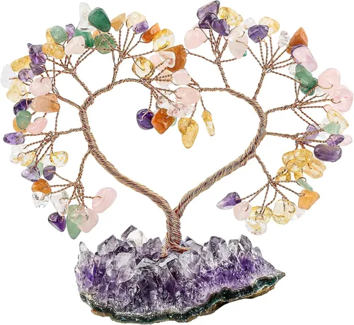 Vista 13 de mookaitedecor Árbol de cristal de corazón de aguamarina con base de amatista natural, árbol de dinero de la suerte para adorno de boda, Feng Shui