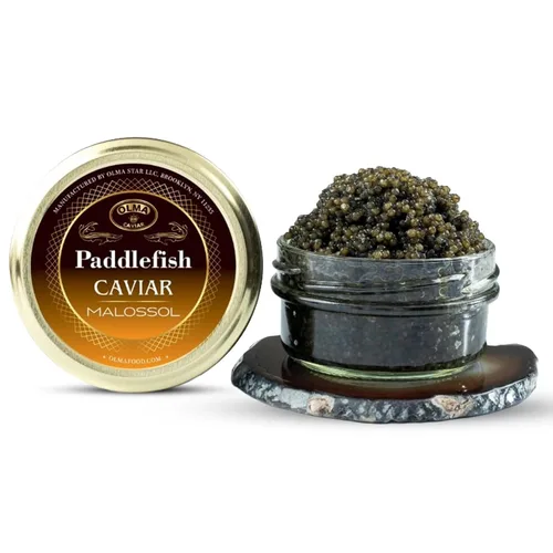 Vista 11 de Envío nocturno – Olma American Paddlefish Black Caviar – Perlas grises medianas, sabor suave – 1 oz / 28 g