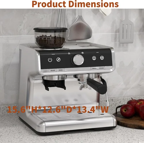 Vista 2 de Máquina de café expreso de 20 barras con molinillo, cafetera espresso profesional con espumador de leche, acero inoxidable cepillado, tanque de agua