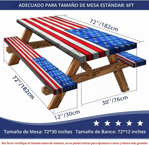 Vista 2 de Juego de fundas para mesa de picnic con bandera estadounidense con textura de madera, impermeable, resistente al viento, para campamento, manteles