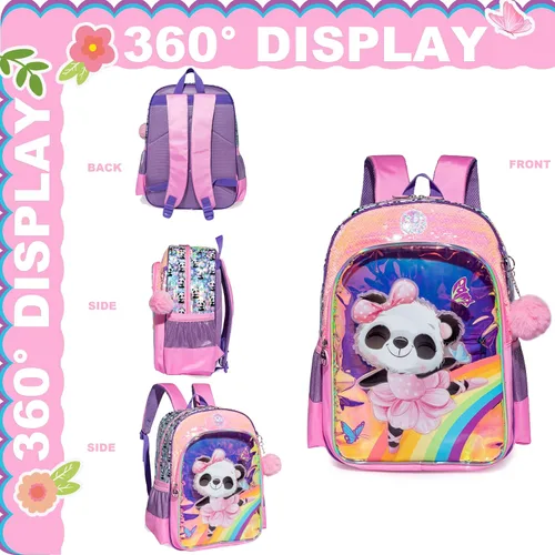 Vista 5 de Mochilas para niñas y niños, mochila escolar bonita para la escuela, mochila escolar ligera con lonchera, rosado (Pink Panda), Mochila