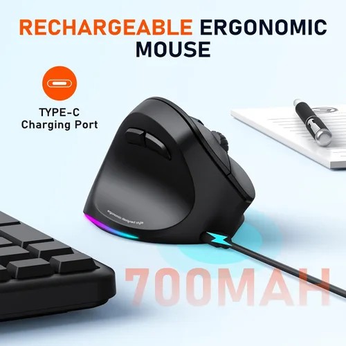 Vista 6 de MEETION Ratón ergonómico para zurdos, ratón inalámbrico vertical RGB recargable, Bluetooth (5.2 + 3.0) y USB-A con adaptador USB-C, 4 DPI