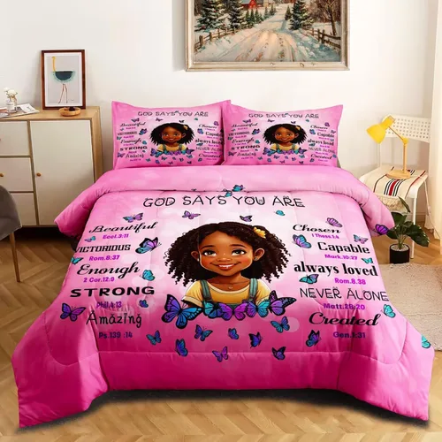 Vista 11 de Juego de edredón de niña negra tamaño individual para niños, juegos de ropa de cama mágica de niña negra, juego de edredón de princesa melanina
