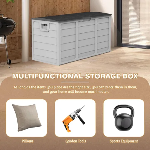 Vista 4 de Caja de almacenamiento para terraza al aire libre de 75 galones, resina resistente con tapa con cerradura, resistente a los rayos UV para muebles
