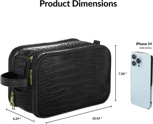 Vista 3 de Dot&Dot Neceser de cuero para hombres y mujeres – Espaciosas bolsas de artículos de tocador de viaje para mujer (cocodrilo negro)