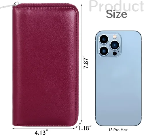 Vista 2 de CILLA Cartera con bloqueo RFID para mujer, 36 ranuras para tarjetas, cremallera de cuero auténtico, Rojo -, Casual