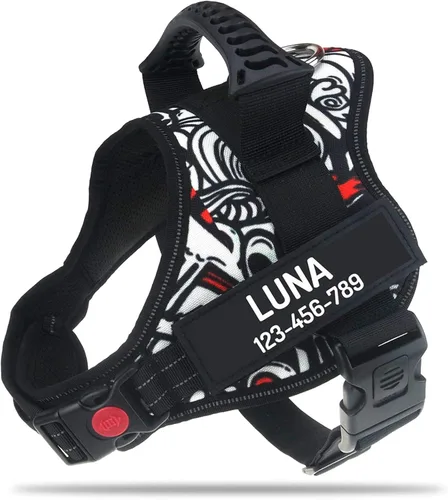 Vista 18 de Arnés de perro personalizado anti tirón con nombre y número de teléfono personalizados de PawPawify, arnés resistente para evitar tirones, Negro