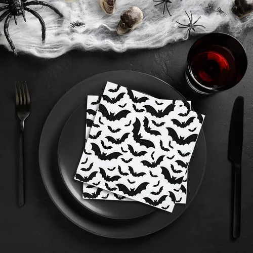 Vista 4 de AnyDesign Paquete de 80 servilletas de papel de Halloween de 6.5 x 6.5 pulgadas, servilletas de papel desechables de murciélago negro, servilletas