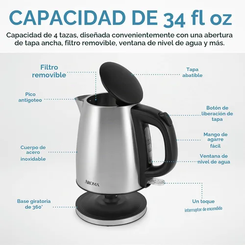 Vista 5 de Aroma Housewares - Tetera eléctrica de acero inoxidable de 1.0L / 4 tazas (AWK-267SB)