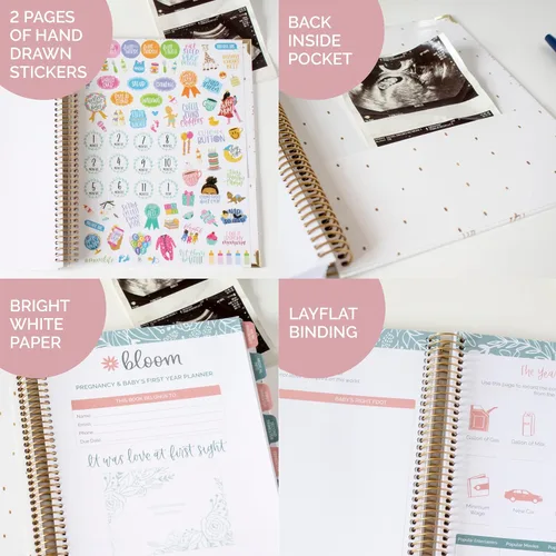 Vista 3 de bloom daily planners Nuevo Calendario Planificador de Embarazo y Primer Año del Bebé y Diario de Recuerdos con Calcomanías - Organizador de Libro