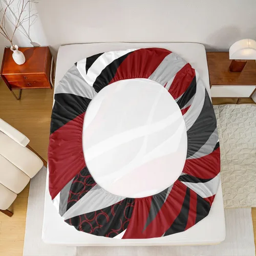 Vista 6 de Manfei Sábana bajera ajustable color rojo y gris, tamaño individual, funda de cama circular de rayas onduladas abstractas con 1 funda de almohada