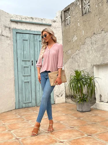 Vista 6 de Blusas de manga 34 para mujer, con ojales, estilo casual, cuello en V