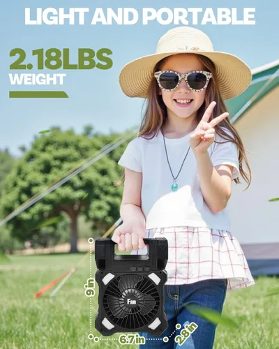 Vista 7 de Ventilador Solar de Camping de 22000mAh, Ventilador Solar Recargable de Doble Panel con Luz LED, 5 Velocidades Ajustables Ventiladores Portátiles