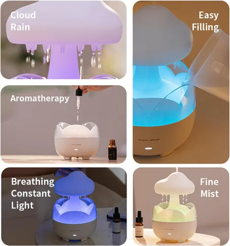 Vista 5 de Humidificador portátil de gota de lluvia, difusor de aceite esencial en forma de nube, capacidad de 230 ml, control remoto, con luz nocturna
