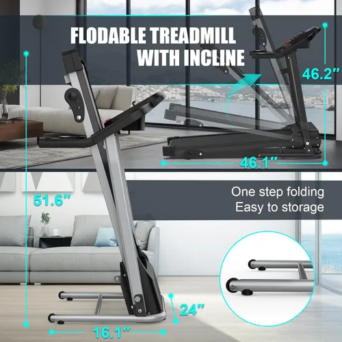 Vista 6 de FYC Compact Folding Treadmill for Home - 2.5HP Quiet Brushless Motor, 3-Level Incline, 7.5 MPH, Shock Absorption, Space-Saving Design for Running