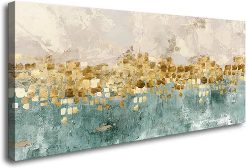 Vista 10 de DZL Art A74769 - Impresiones en lienzo abstractas para pared, pinturas artísticas azules y marrones, lienzo estirado de madera, enmarcado para sala