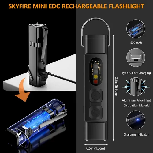 Vista 6 de SKYFIRE 2Pack linterna recargable EDC con encendedor eléctrico, clip y base magnética, mini linternas con luz LED UV roja y blanca, luz de bolsillo