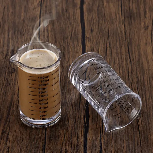 Vista 8 de Ackers - Vaso medidor de vidrio de 4 onzas, vaso de chupito de borosilicato con boquilla en forma de V, línea negra