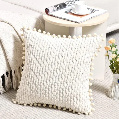Vista 2 de Fancy Homi - Juego de 2 fundas de cojín decorativas crema blanco de 40 x 40 cm con pompones para sofá cama, decoración de hogar moderna, rústica