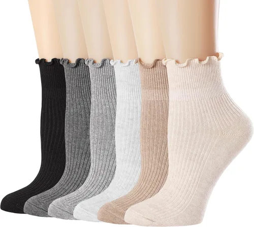 Vista 8 de Mcool Mary Calcetines con volantes para mujer, lindos calcetines de tobillo cálidos de invierno, de algodón de punto ondulado, paquete de 6 1 verde