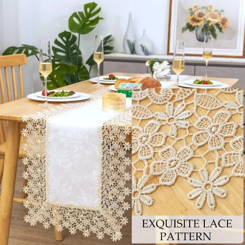Vista 3 de Camino de mesa rectangular de granja de encaje beige premium, impermeable, a prueba de aceite, a prueba de derrames, antiencogimiento, suave