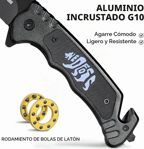 Vista 4 de NedFoss GRIZZLY Cuchillo de bolsillo, hoja de acero 8Cr14Mov de 3.5", cuchillo táctico 3 en 1 con rompecristales, cortador de cinturón, mango