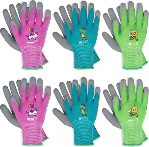 Vista 13 de KDK Guantes de jardinería para niños de 3 a 5 años, guantes de trabajo de patio para niños pequeños, jóvenes, niñas, niños, guantes de goma