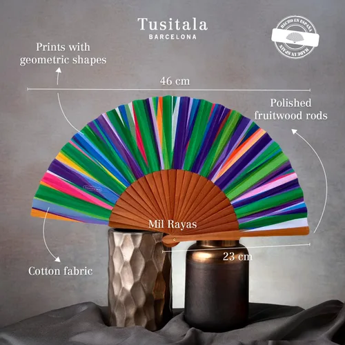 Vista 6 de Spanish Balance Fan - Wood and Cotton - 23 cm - Jute Case and Case - Fashion Accessory - Handmade in Spain - Events and Gifts - Geometries