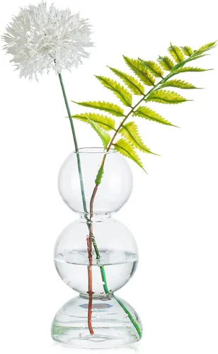Vista 10 de Glasseam Juego de 2 jarrones de flores únicos, bonitos jarrones pequeños de vidrio para flores, jarrones transparentes modernos para decoración