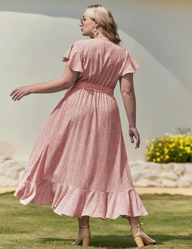 Vista 6 de IN'VOLAND Vestido de verano floral para mujer, talla grande, casual, cuello en V, manga corta, cinturón, playa, bohemio, maxi vestido