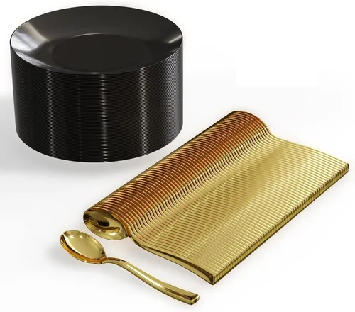 Vista 9 de Trendables Platos de postre desechables de 120 quilates con cucharas doradas (sirve para 60 personas), platos de plástico pequeños negros