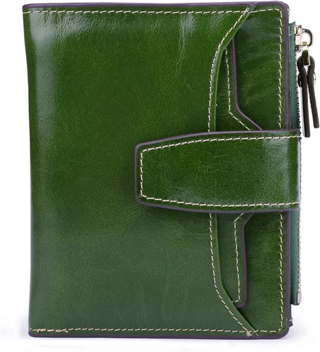 Vista 9 de Cartera de cuero con bloqueo RFID para mujer, pequeña, compacta, doble cremallera, con ventana para identificación