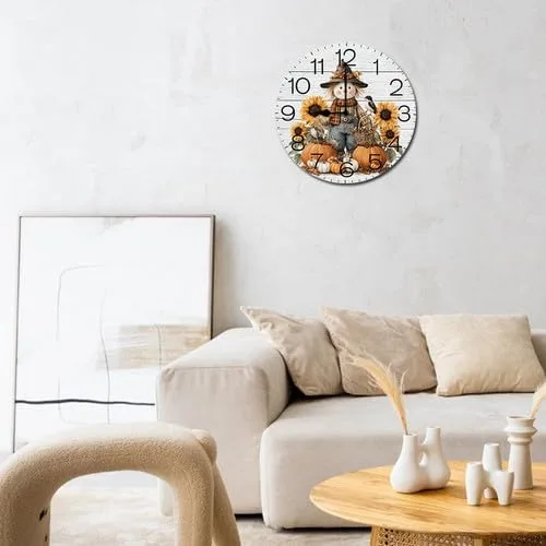 Vista 4 de Preciosas calabazas espantapájaros con hojas de otoño, reloj de cosecha de Hello Fall para sala de estar, reloj de pared redondo de 10 pulgadas