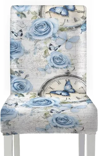 Vista 3 de Rnyleeg Juego de 1 funda para sillas de comedor con diseño de mariposa y rosa azul, elegante, suave, lavable, para cocina, hotel, ceremonia