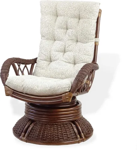 Vista 3 de Sillón mecedor giratorio Alexa color nogal oscuro, mimbre de ratán natural, diseño hecho a mano con cojín