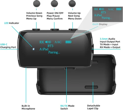Vista 3 de Receptor transmisor Bluetooth 5.2 para 2 AirPods/Auriculares Flight Bluetooth Adapter for Airplane, TV, Gym with a 3.5mm Audio Jack, Wireless BT