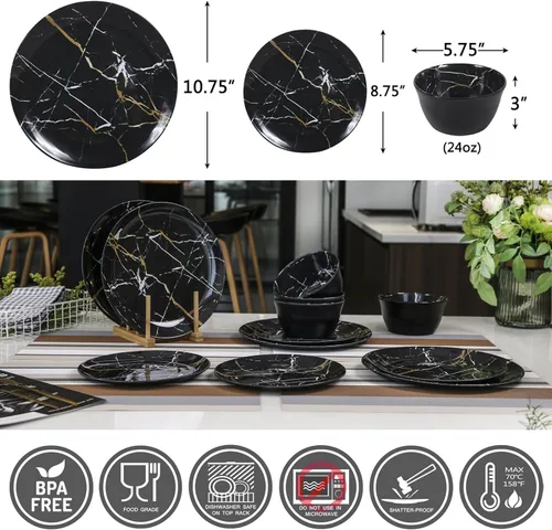 Vista 2 de Juego de vajilla de melamina – 12 piezas de platos y cuencos, ideal para fiestas en interiores y exteriores, sin BPA, apto para lavavajillas